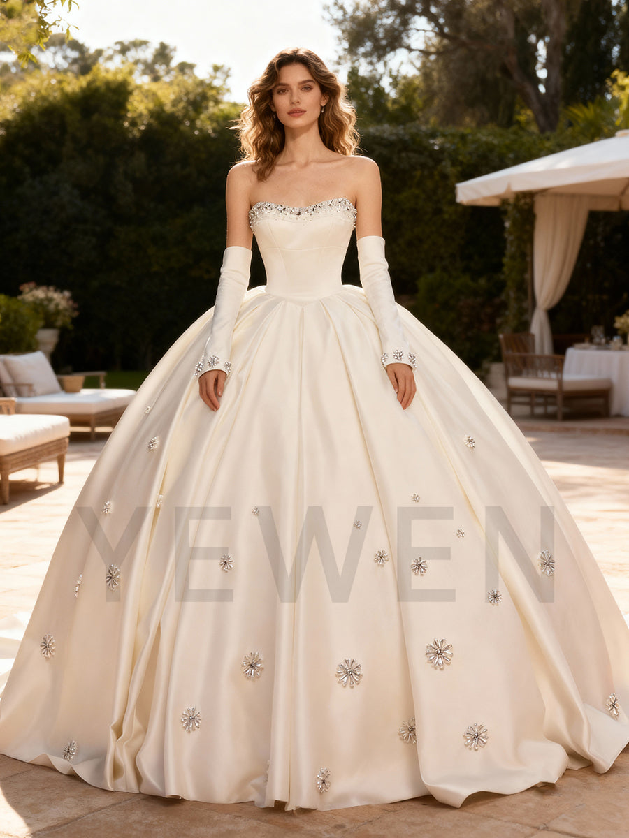 Strapless Satin Wedding Dress Beaded Bridal Gown Customized
