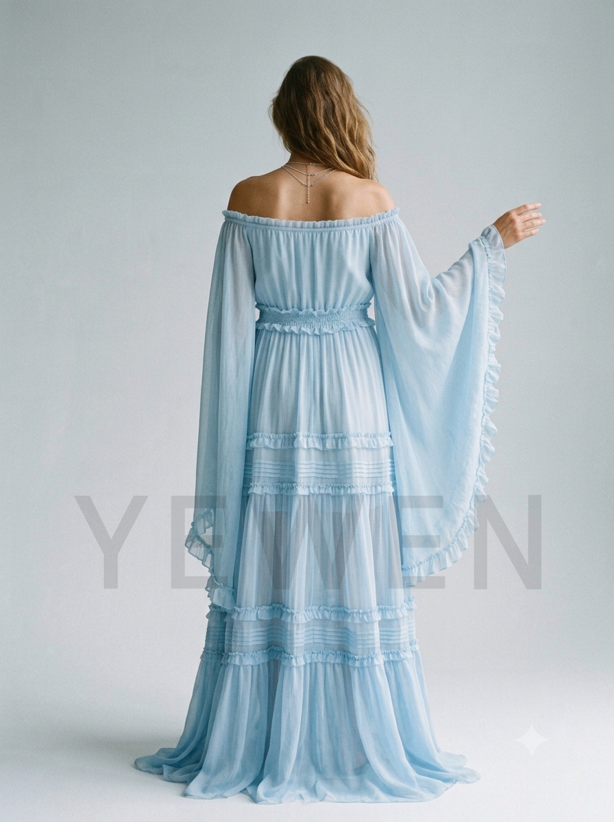 Off-Shoulder Bell Sleeve Chiffon Maternity Baby Shower Dress ZO260916
