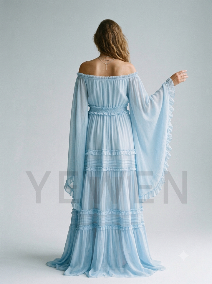 Off-Shoulder Bell Sleeve Chiffon Maternity Baby Shower Dress ZO260916