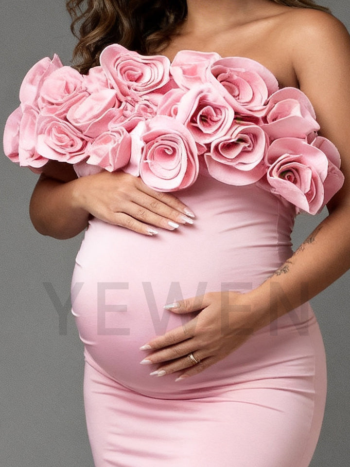 Pink Mermaid Maternity Dress with Rose Flower Baby Shower Gown for Pregency Women