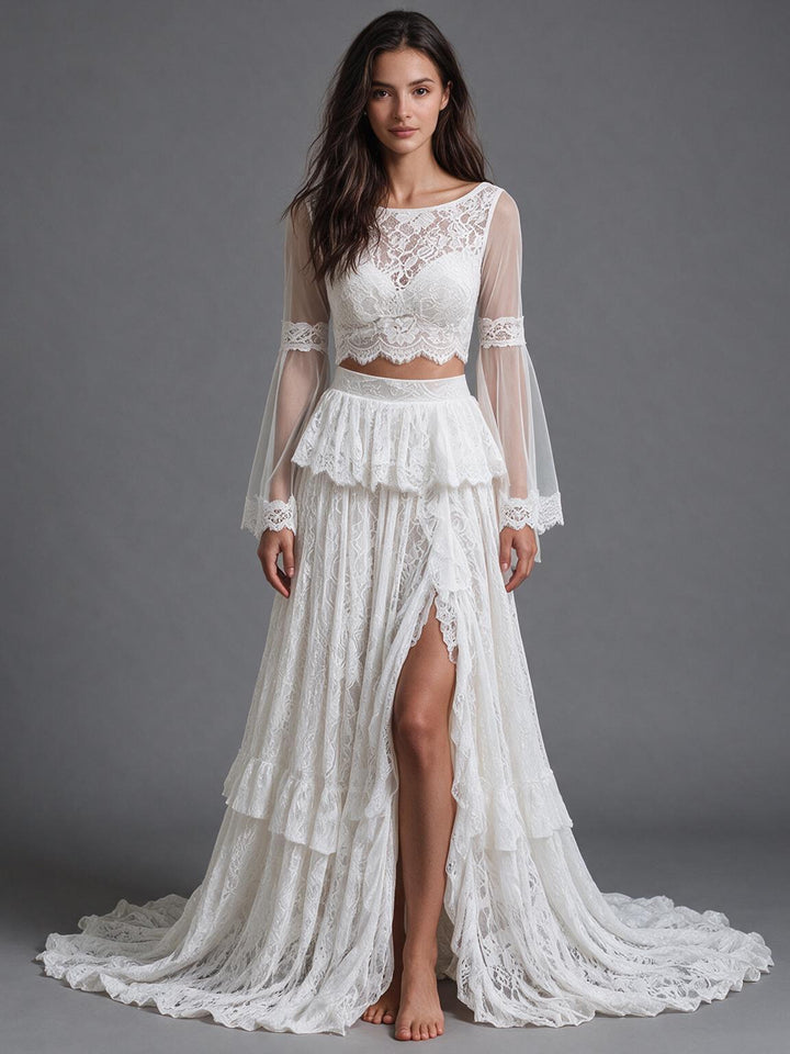 Ivory Two-Piece Sheer Long Sleeve Floral Lace Boho Wedding Dress