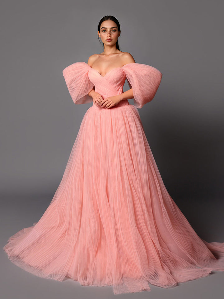 Fashionable Pleated Evening Dress A Line Off Shoulder Formal Gown