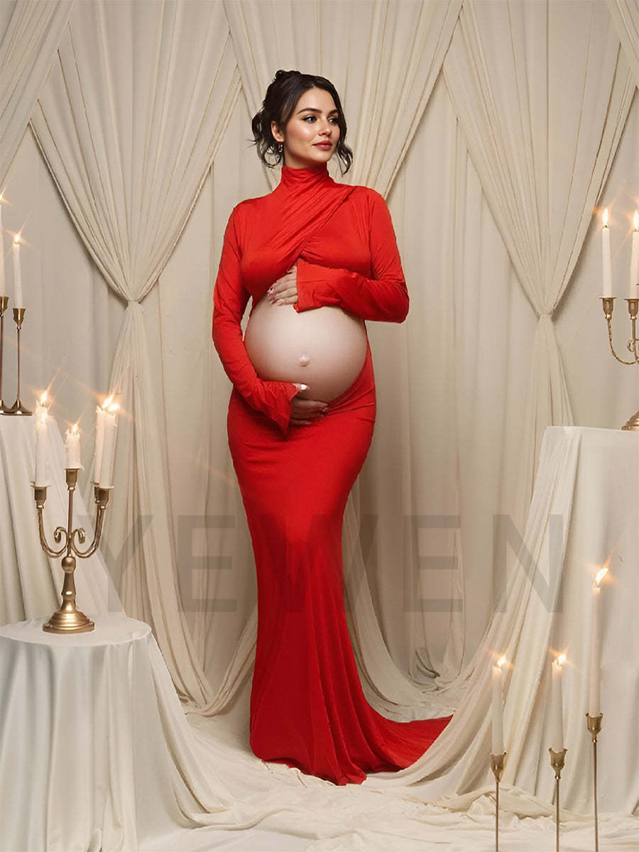Long Sleeves Stretchy Fabric Red Maternity Dresses for Photoshoot Show Belly Baby Shower Dresses YW243168