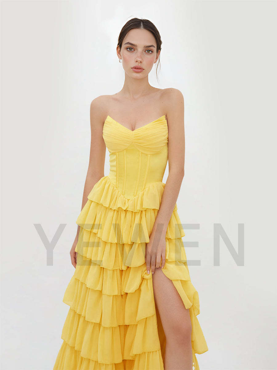 A Line Tiered Prom Dress V Neck Evening Dress Side Slit Formal Party Gown