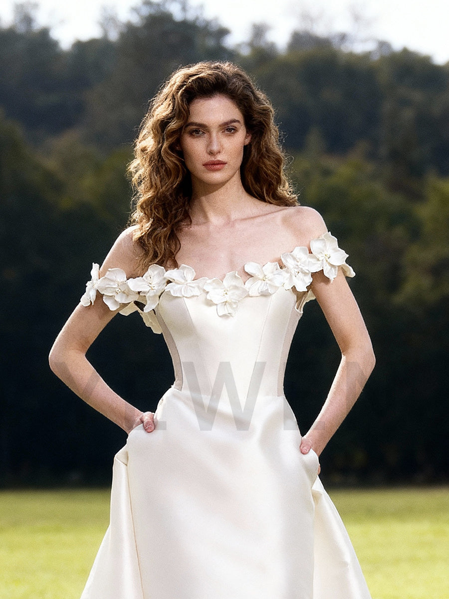 satin off the shoulder mermaid wedding dress Luxury White Satin Off-the-Shoulder Puff Sleeve Mermaid Wedding Dress SW178