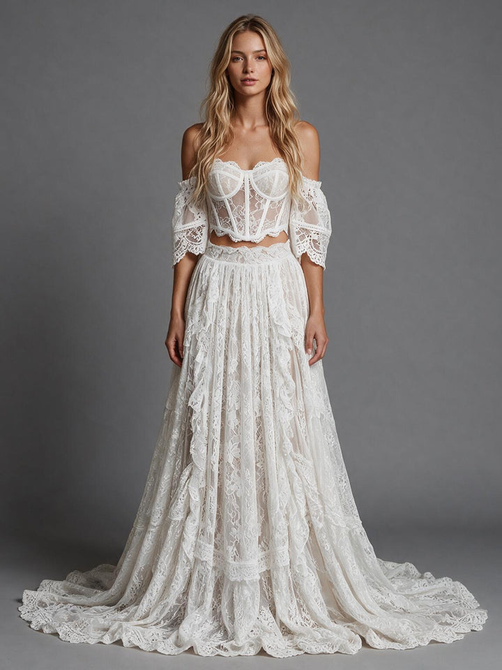 Ivory Two-Piece Off-Shoulder Draped Sleeves Lace Wedding Dress