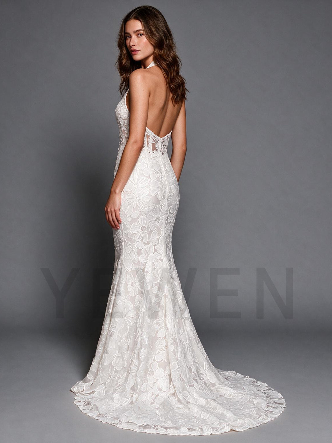 White Halter Deep V-Neck Floral Mermaid Wedding Dress
