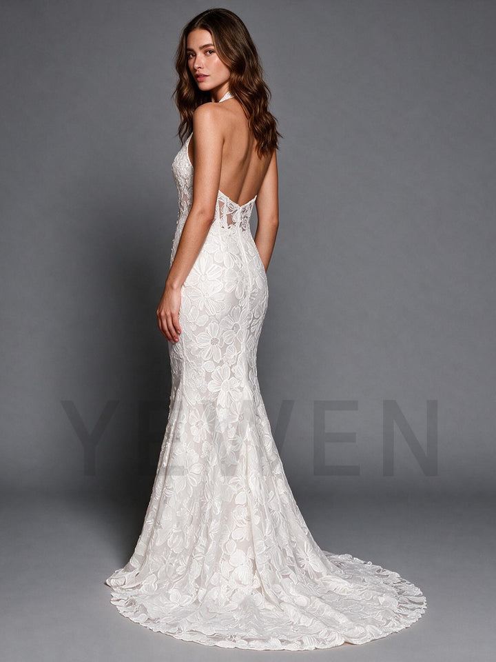 White Halter Deep V-Neck Floral Mermaid Wedding Dress