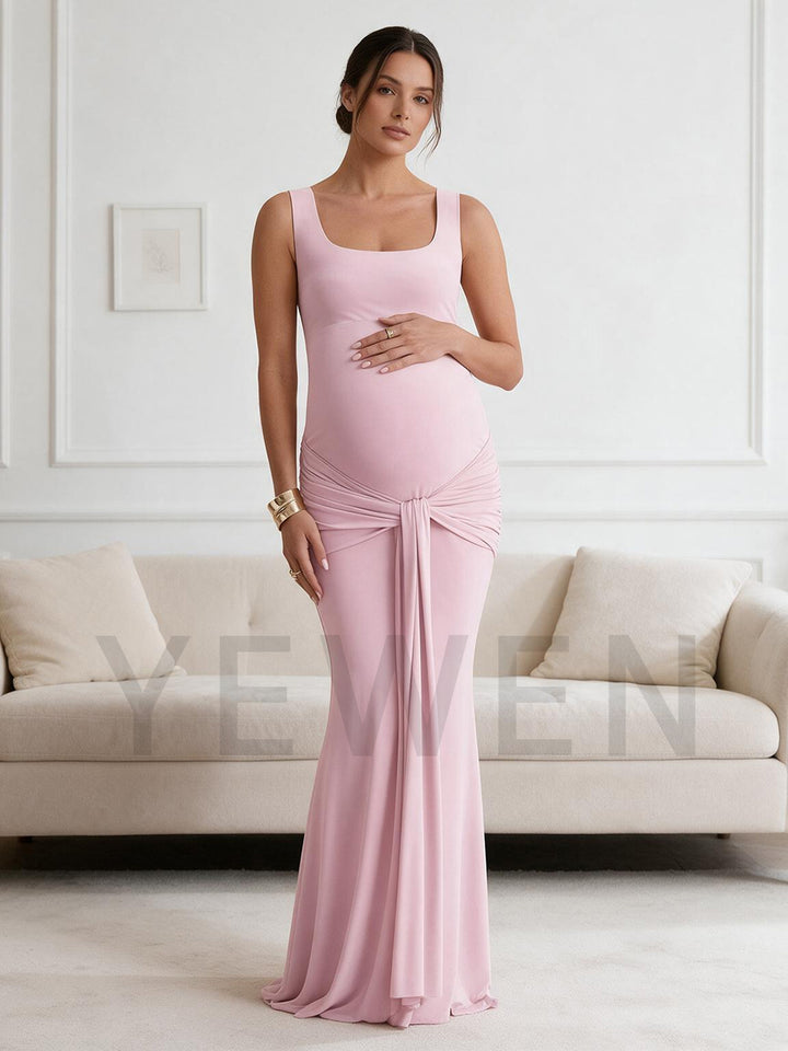 Square Neck Sleeveless Twist Waist Maternity Dress for Baby Shower
