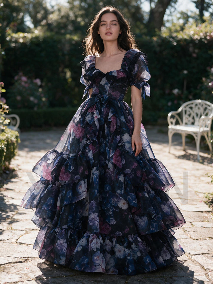 Dark Floral Print Puff Sleeve Tiered Ruffle Princess Dress YW2610131