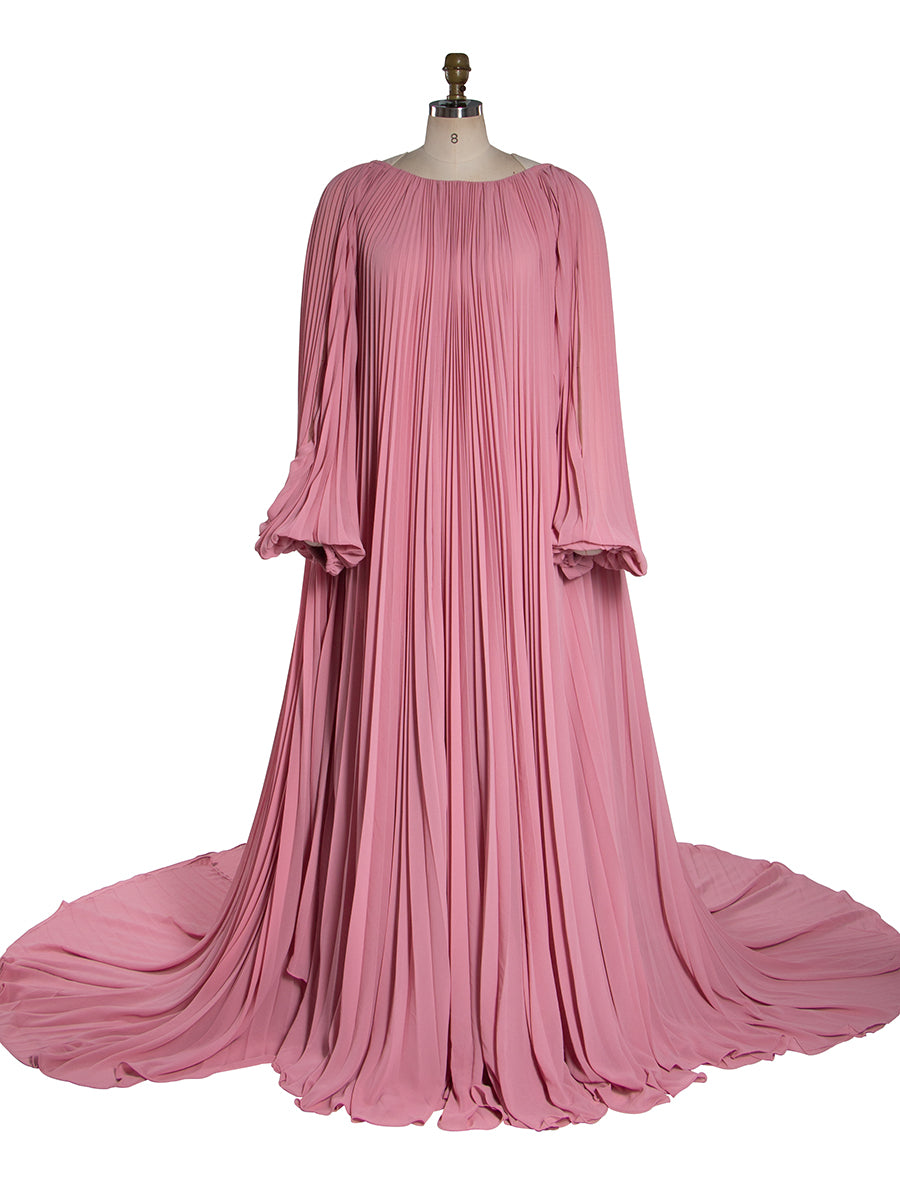 Flowing Pleated Blue Maternity Gown for Photoshoot Elegant Off Shoulder Pregnancy Dress with Long Train YW250071