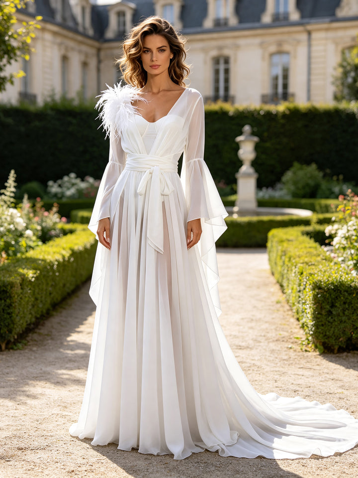 Long White Sheer Bridal Robe with Feather Decoration Chiffon Bridal Getting Ready Robe Wedding Boudoir Gown
