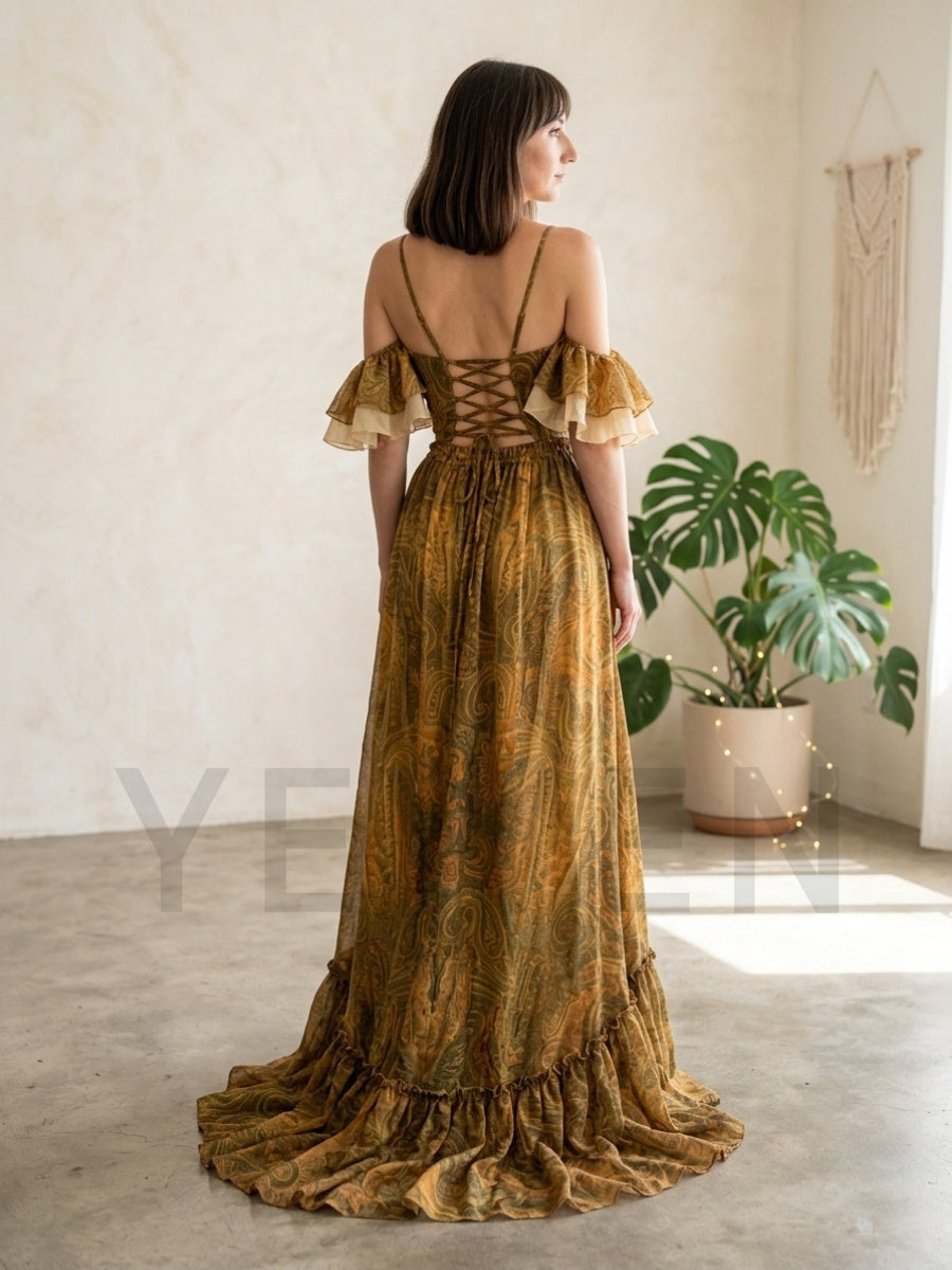 Olive Two-Piece Ruffle Flutter Sleeve Boho Dress YD260835