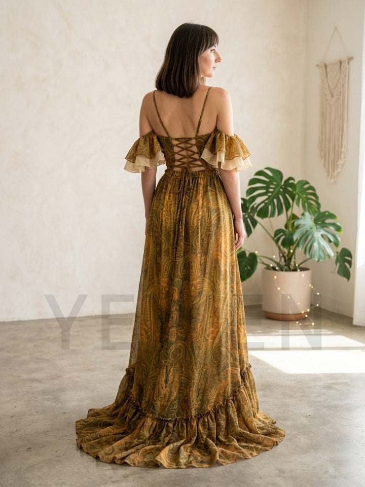 Olive Two-Piece Ruffle Flutter Sleeve Boho Dress YD260835