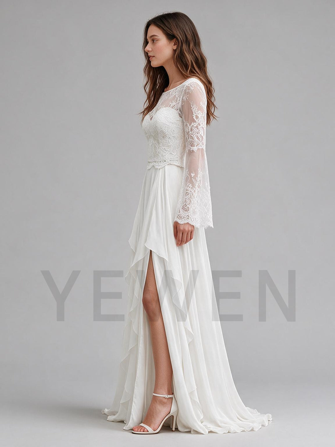 Ivory Illusion Neckline Sheer Long Sleeve Lace Boho Wedding Dress