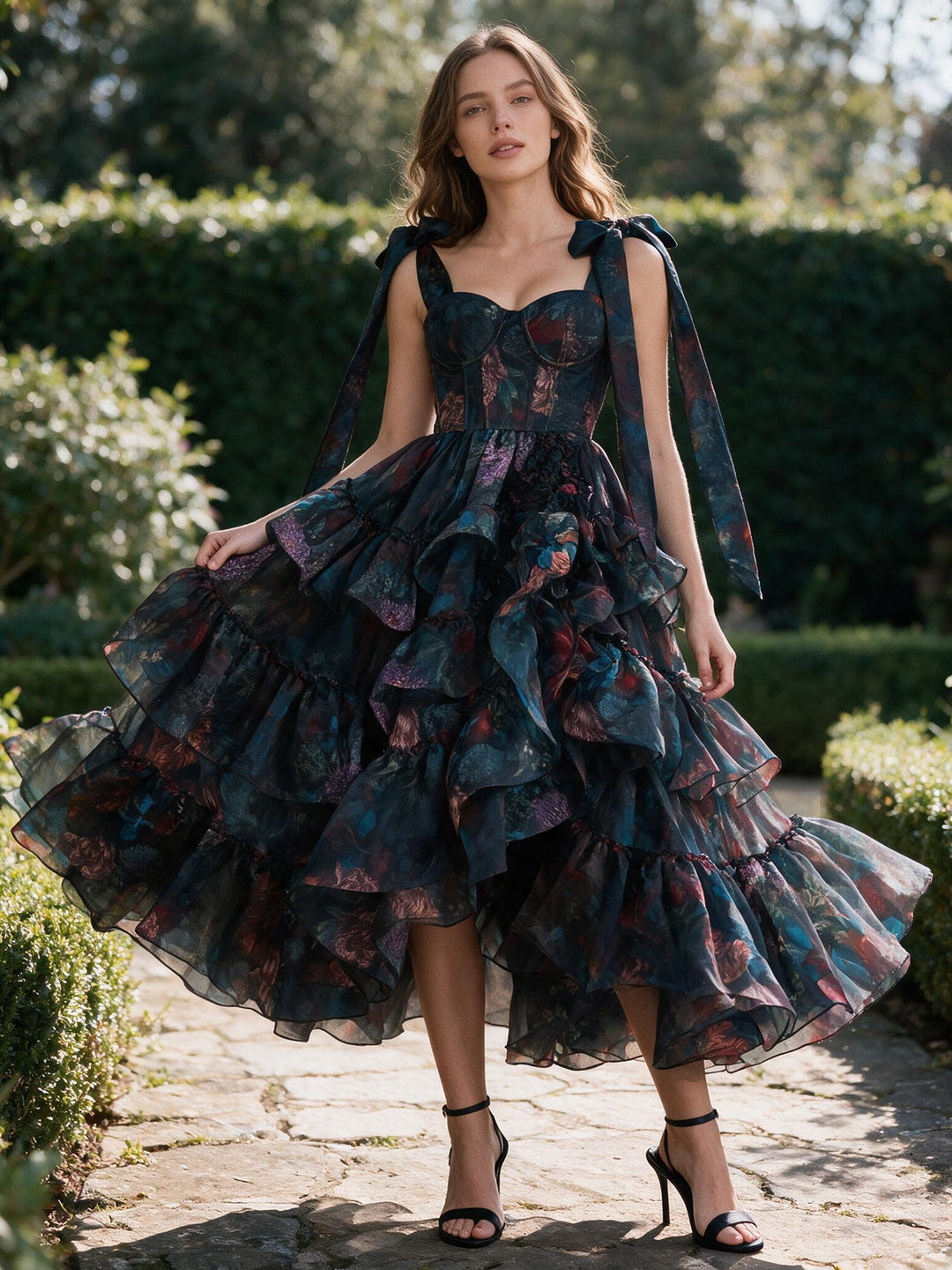 Tie Bow Floral Print Tiered Ruffle High-Low Princess Dress YW2610132
