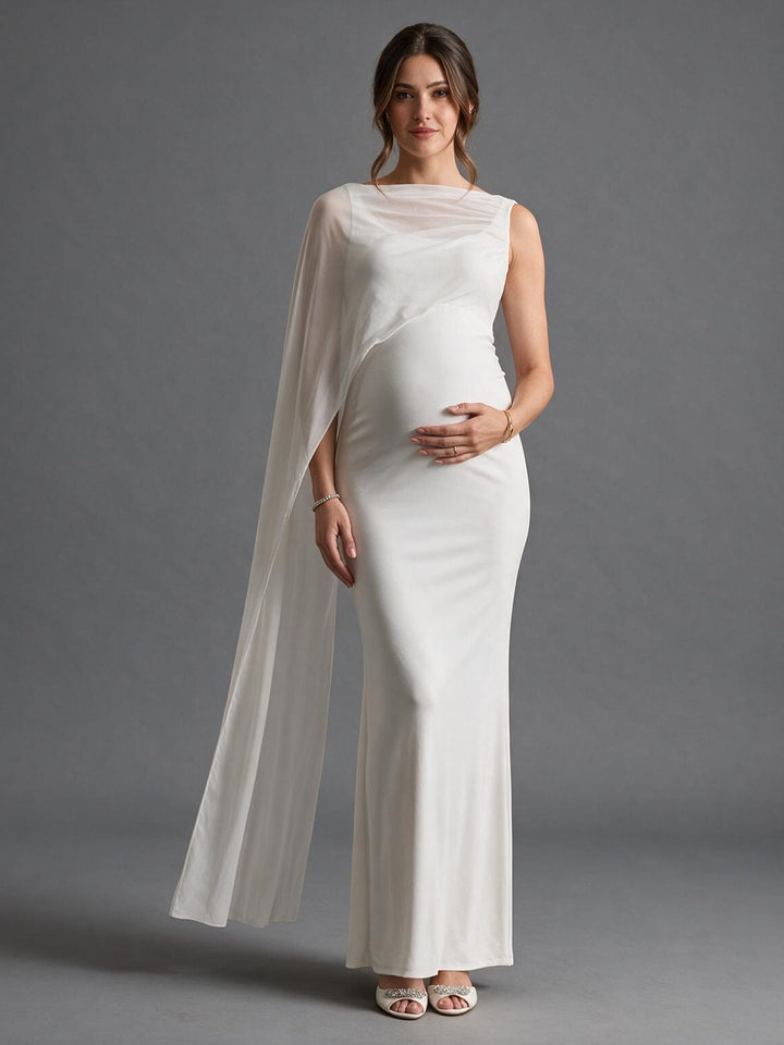 One-Shoulder Sheer Cape Maternity Dress for Baby Shower YM261007