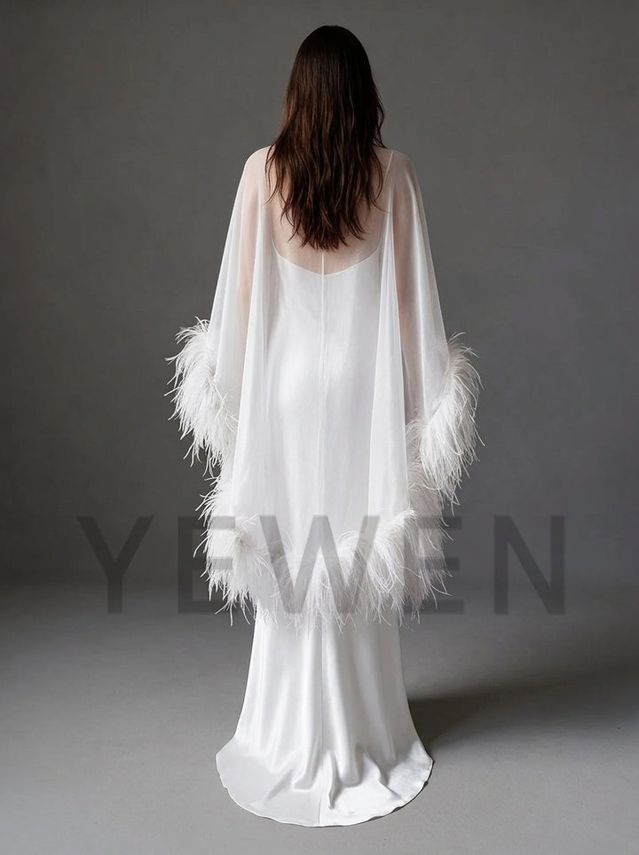 7-Layer Ostrich Feather Cape White Maternity Baby Shower DressYD261018