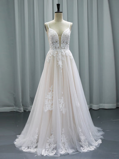 Lace Applique, A Line, Wedding Dress, Spaghetti Strap Bridal Gown