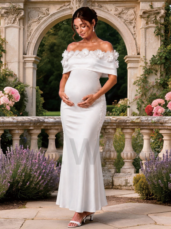 White Off-Shoulder 3D Floral Fitted Maternity Dress for Baby Shower L-26920