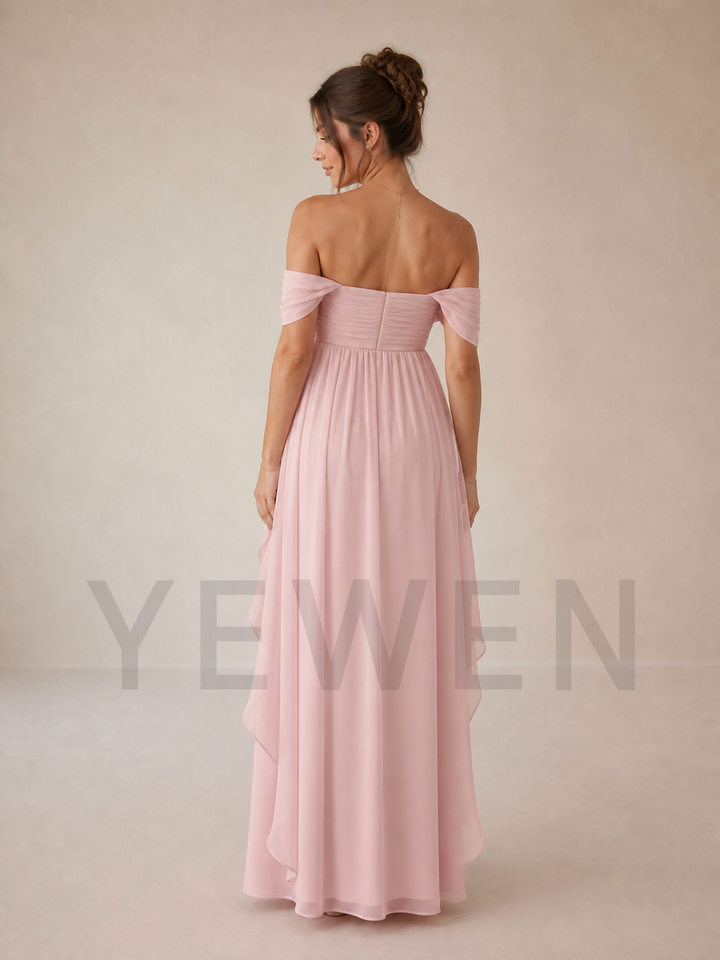 Light Pink Off Shoulder Maternity Gown with Ruffle Train for Baby Shower ZX001