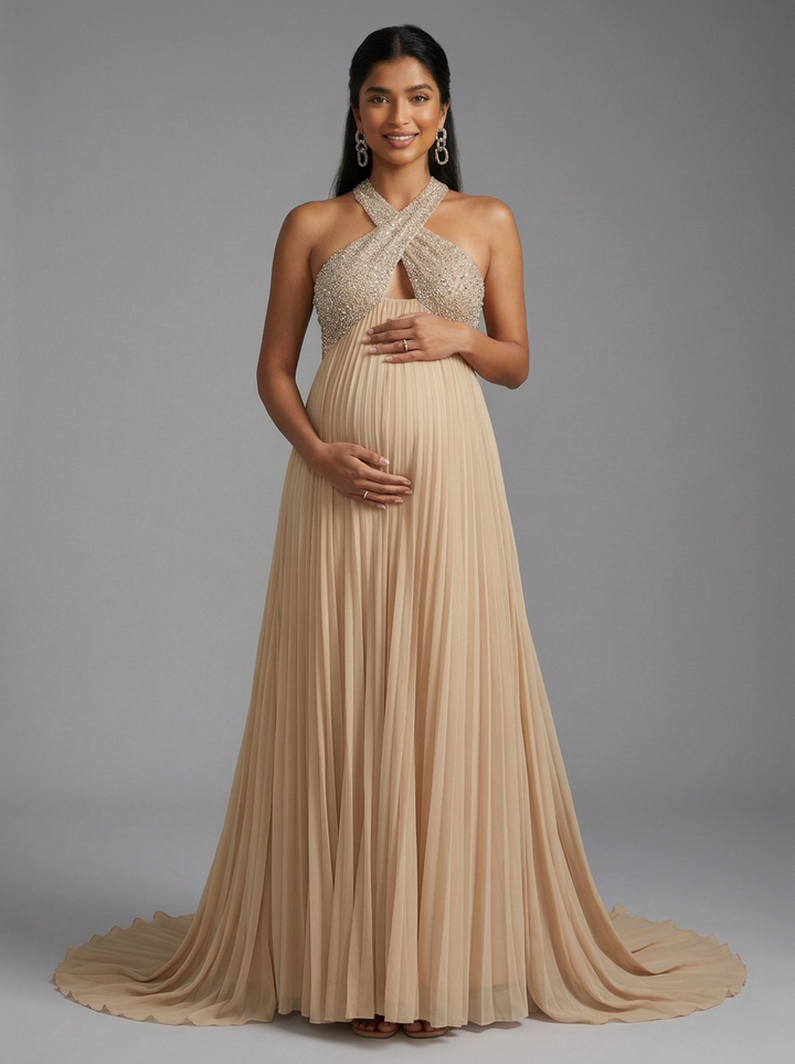 Sequin Halter Maternity Baby Shower Dress with Pleated Skirt YD260932