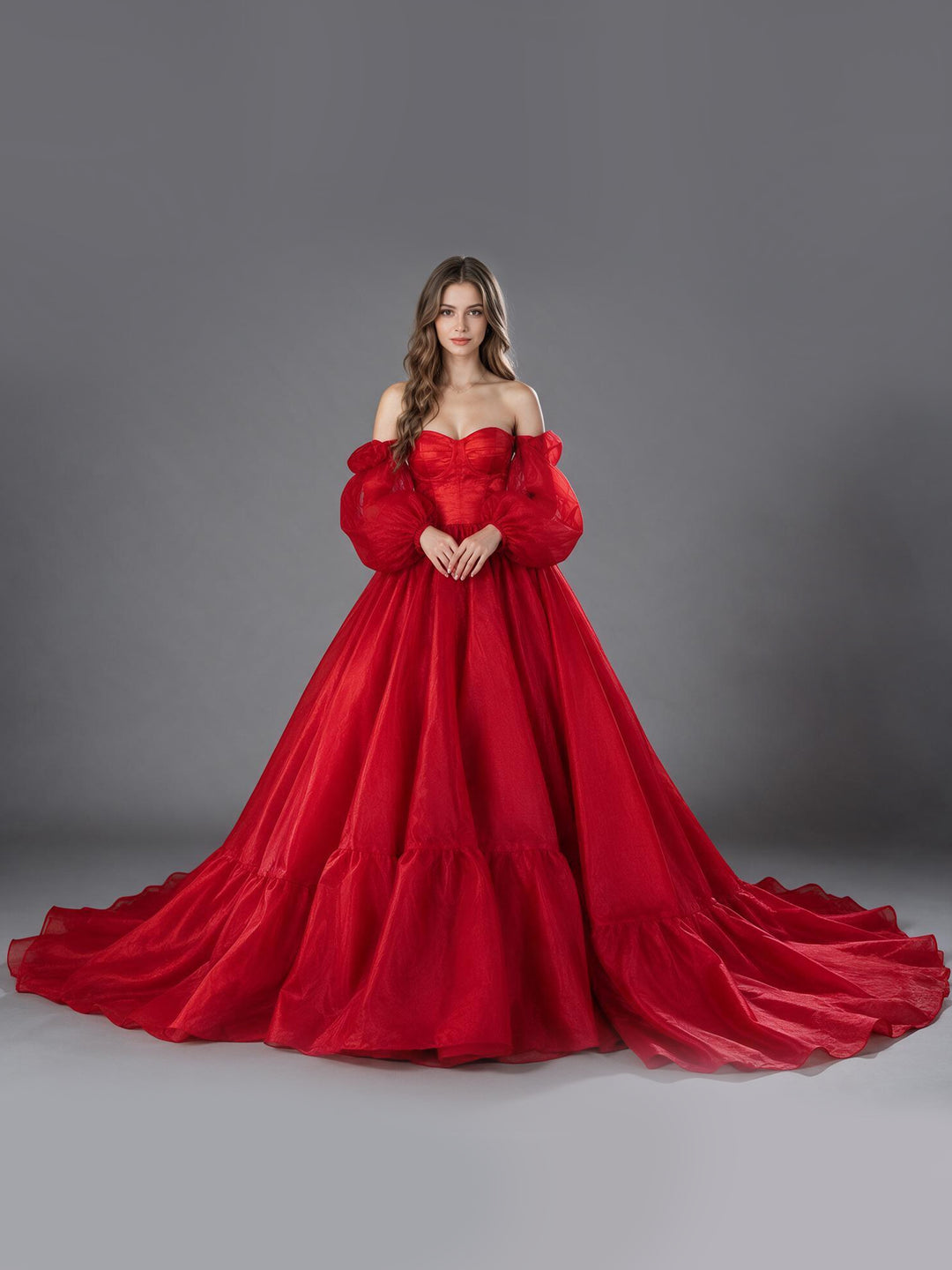 Off-Shoulder Puff Sleeves Layered Ruffle Christmas DressYW2610086