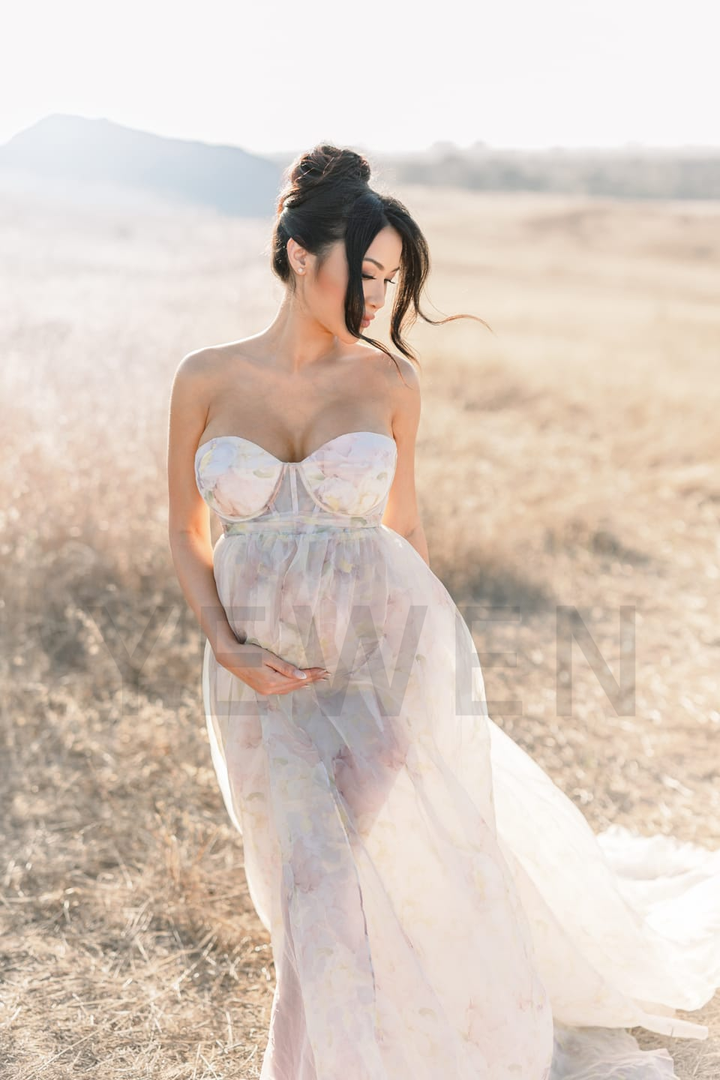 High Waist Printed Floral Organza Dresses for Baby Shower Maternity Gown for Photo Shoot  YW221105-3