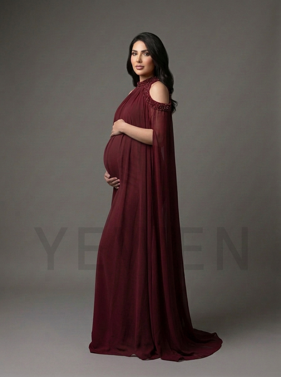 Rhinestone Cold Shoulder Cape Maternity Baby Shower Dress YD261008
