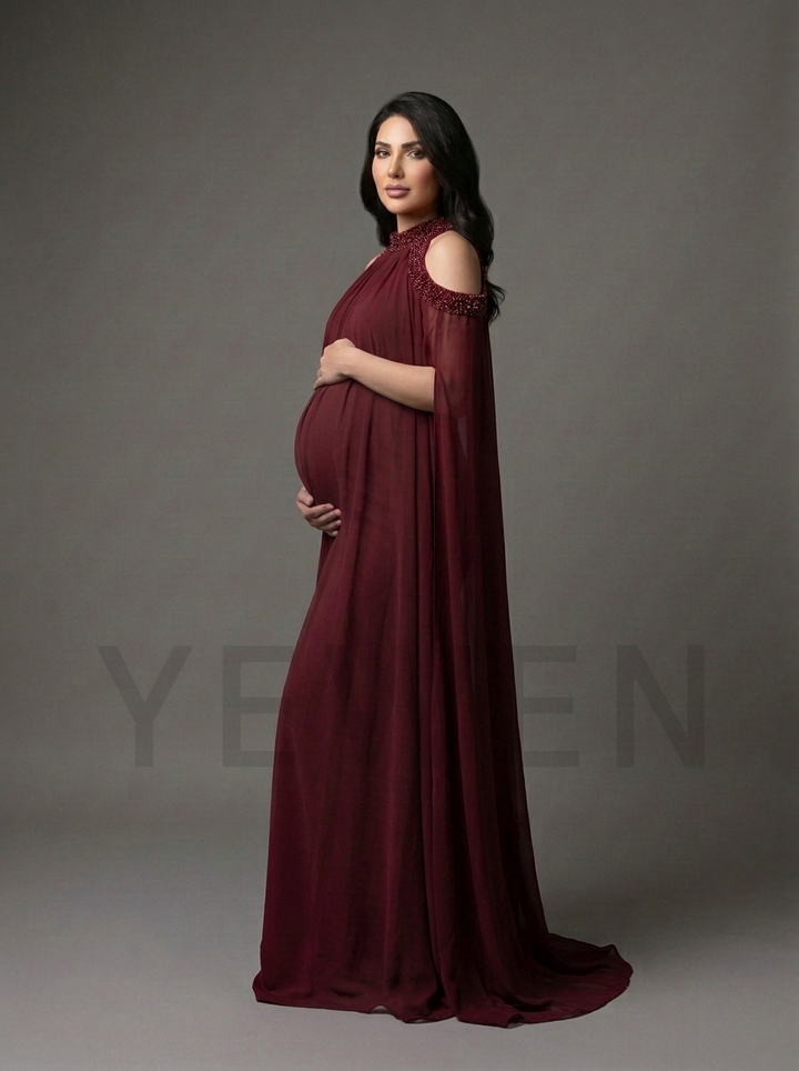 Rhinestone Cold Shoulder Cape Maternity Baby Shower Dress YD261008