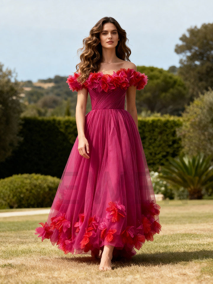 Fuchsia Midi Length Tulle Party Birthday Prom Dress