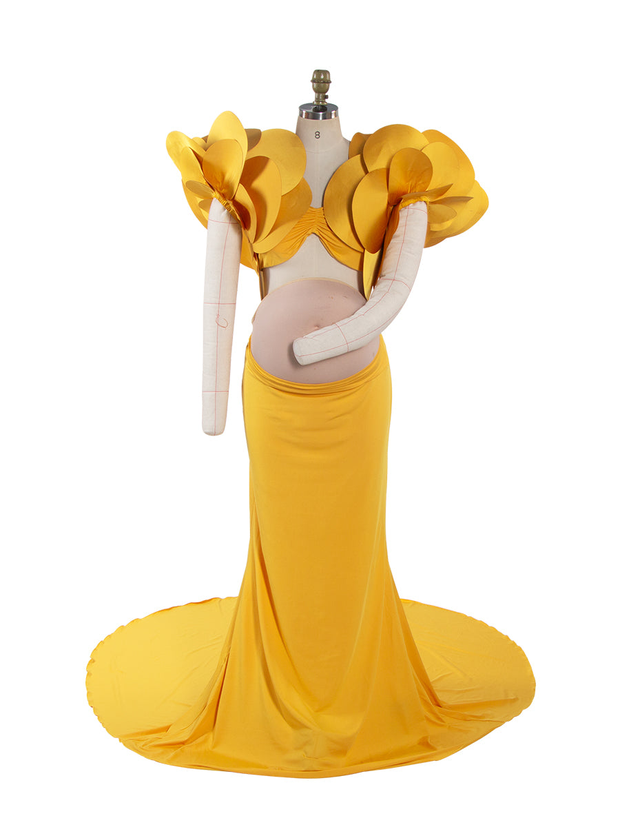 Stretchy Long Maternity Dress for Photoshoot with Handmade Flower Bicep Sleeves YW260234