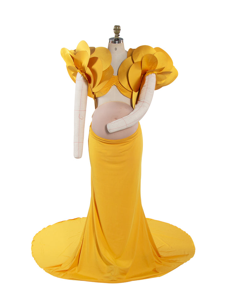 Stretchy Long Maternity Dress for Photoshoot with Handmade Flower Bicep Sleeves YW260234