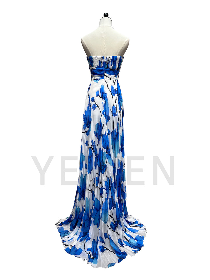 Fashion Blue Print Pleated Evening Dress Long Dress F25162J