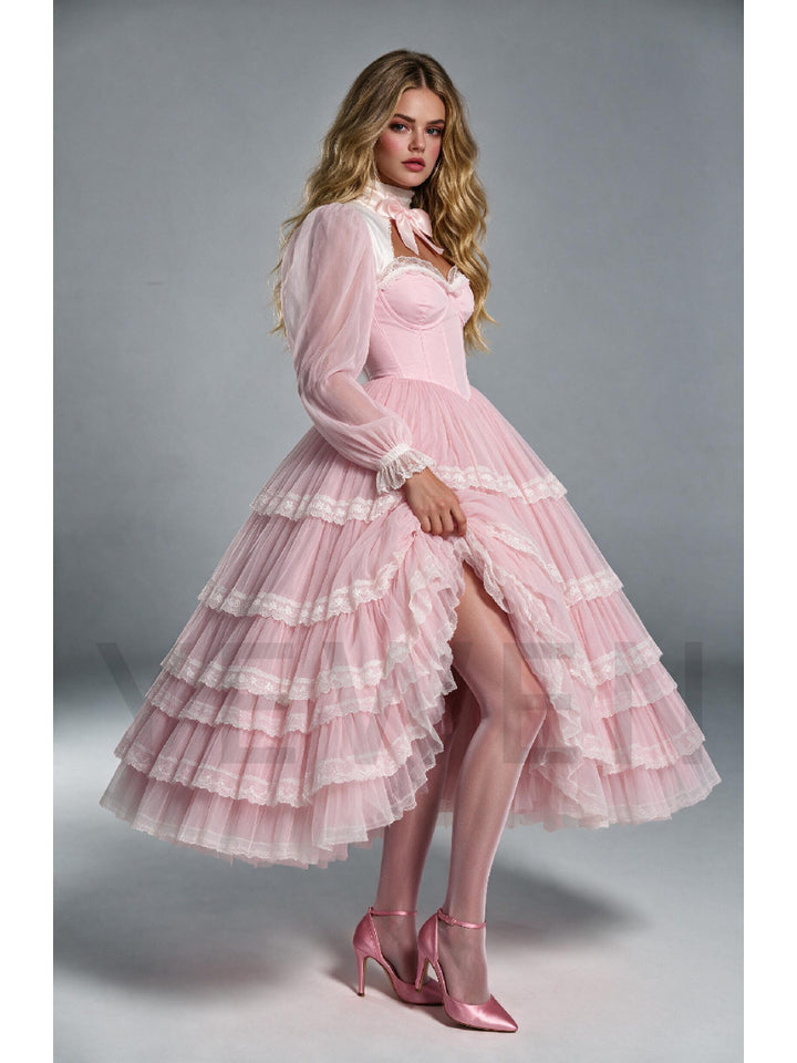 Pink Sheer Puff Sleeves Princess Dress with Ruffle Tiered Skirt WT268021
