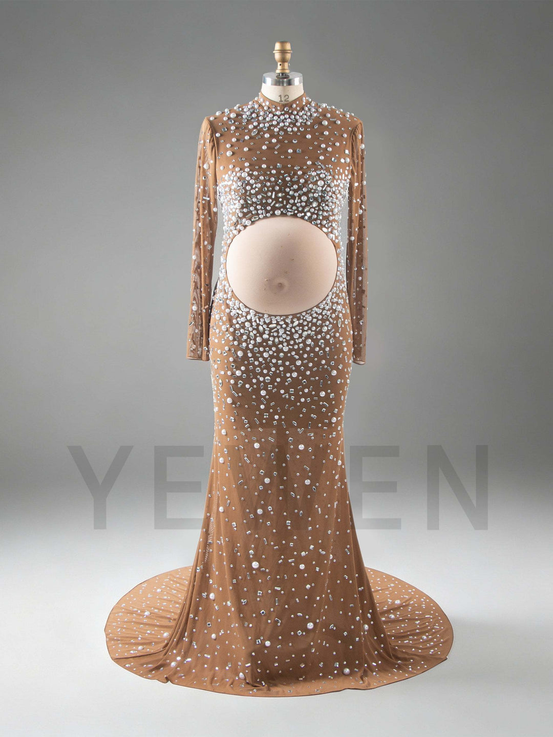 Sexy Beaded Maternity Photography Dress Split Shiny Pearl Rhinestone Stretch Fabric Long Dress Maternity Photo Shoot Dress YW260243