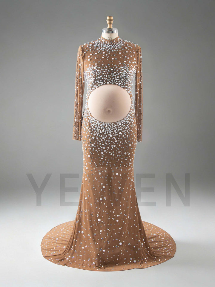 Sexy Beaded Maternity Photography Dress Split Shiny Pearl Rhinestone Stretch Fabric Long Dress Maternity Photo Shoot Dress YW260243