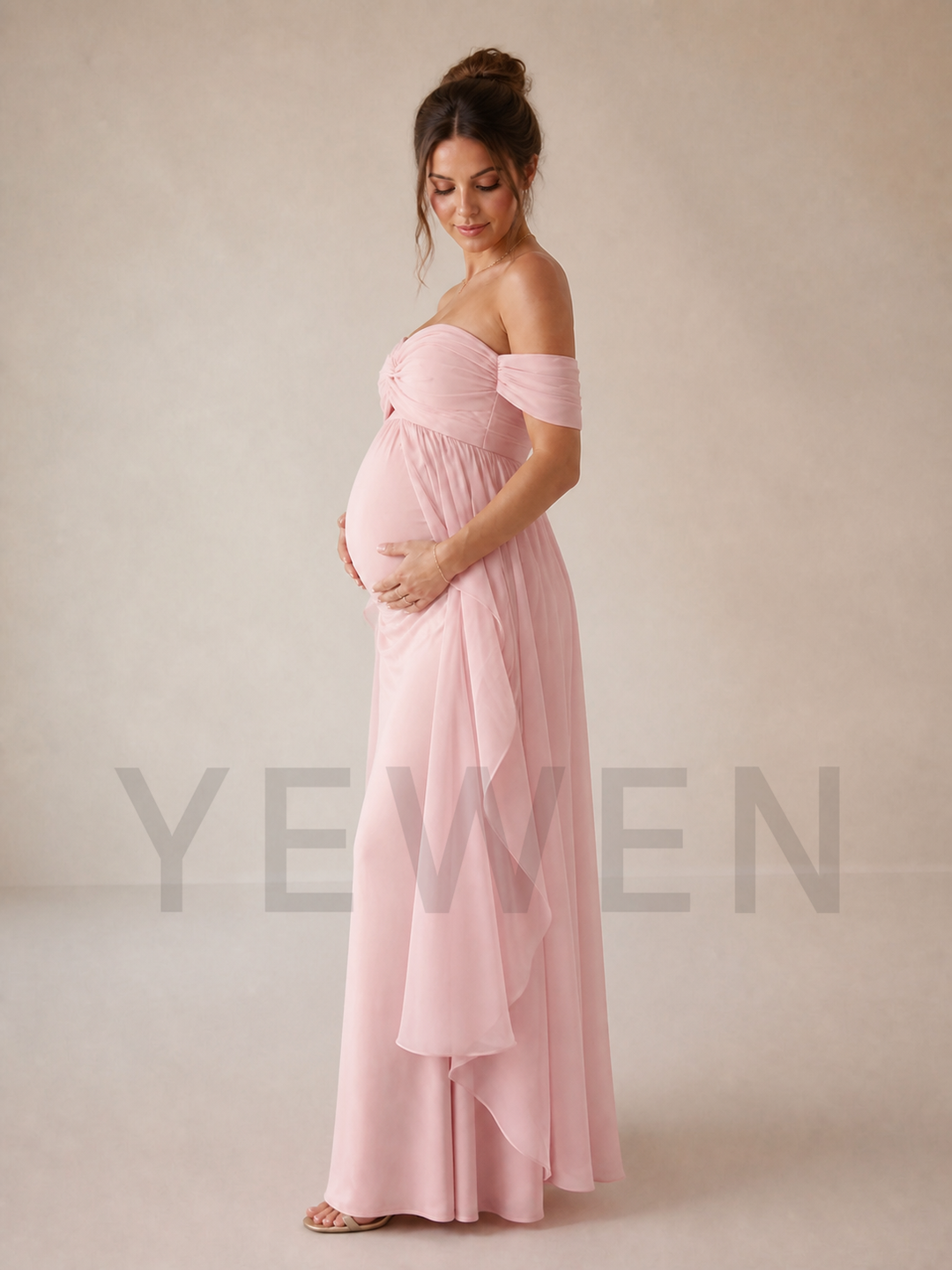 Light Pink Off Shoulder Maternity Gown with Ruffle Train for Baby Shower ZX001