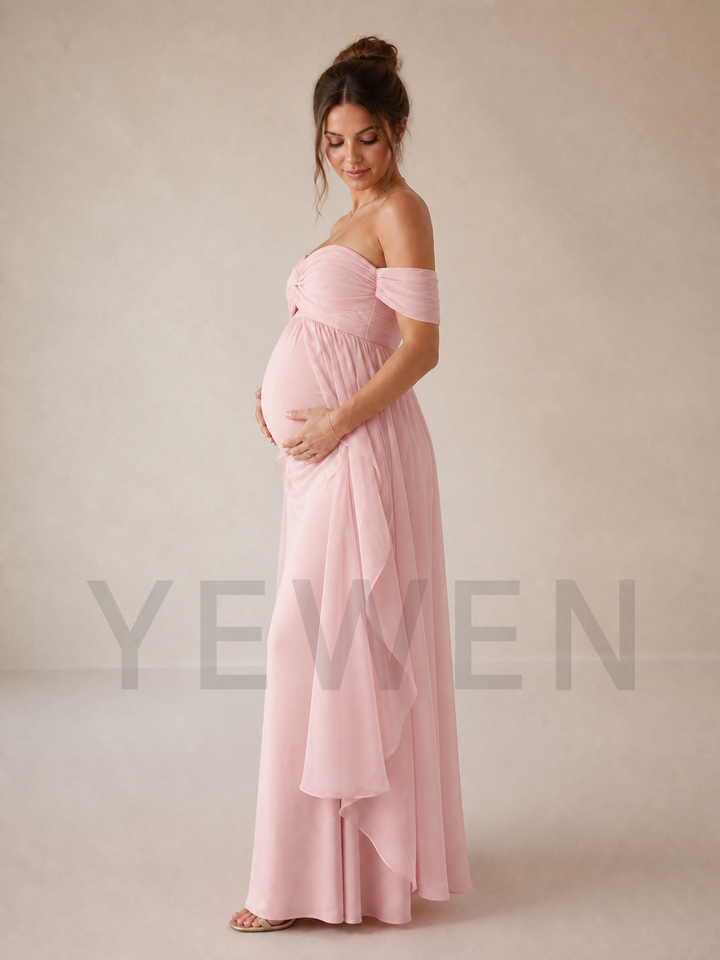 Light Pink Off Shoulder Maternity Gown with Ruffle Train for Baby Shower ZX001