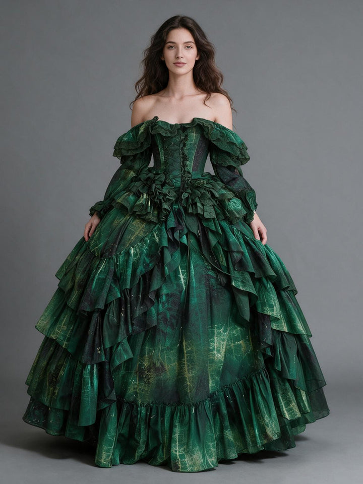 Vintage Print Puff Sleeve Tiered Ruffle Princess Dress YW2610155