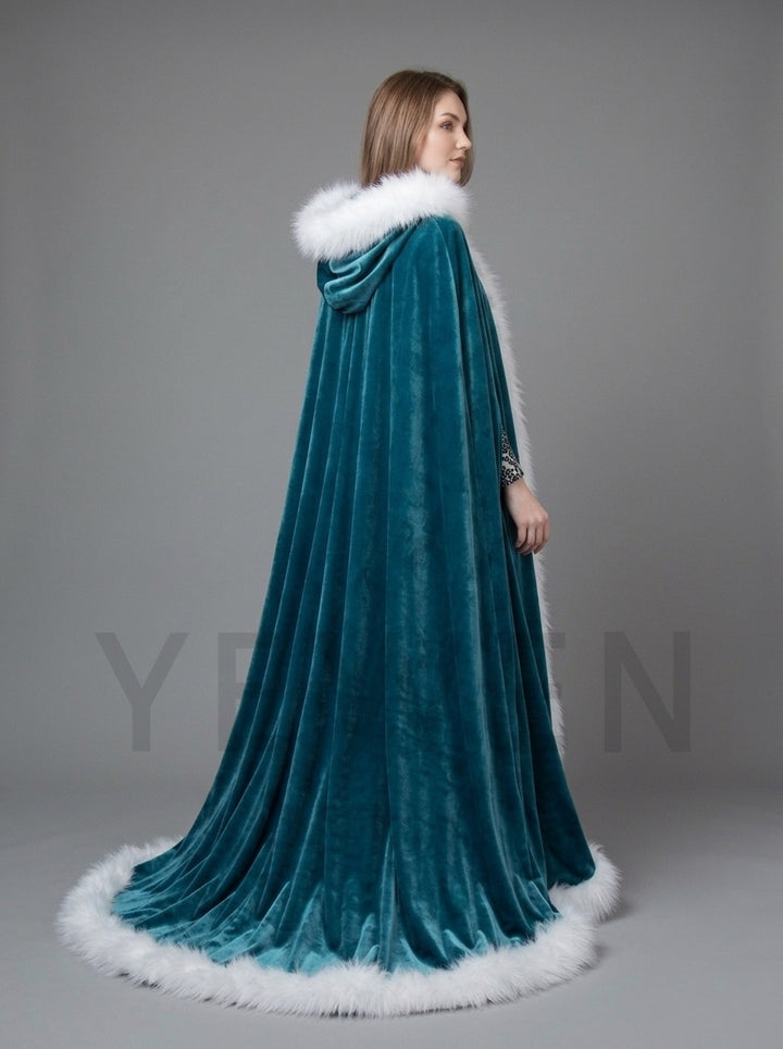 Velvet Hooded Christmas Cape with White Faux Fur Trim YD261013