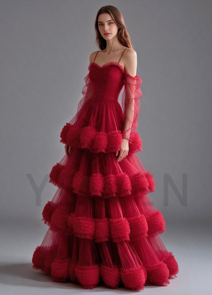 Off-Shoulder Puff Sleeve Evening Gown with Pom-Pom Tiered Skirt YX004