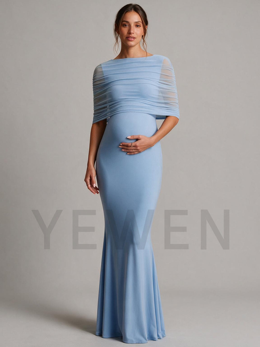 Brown Crew-Neck Maternity Gown With Mesh Cape