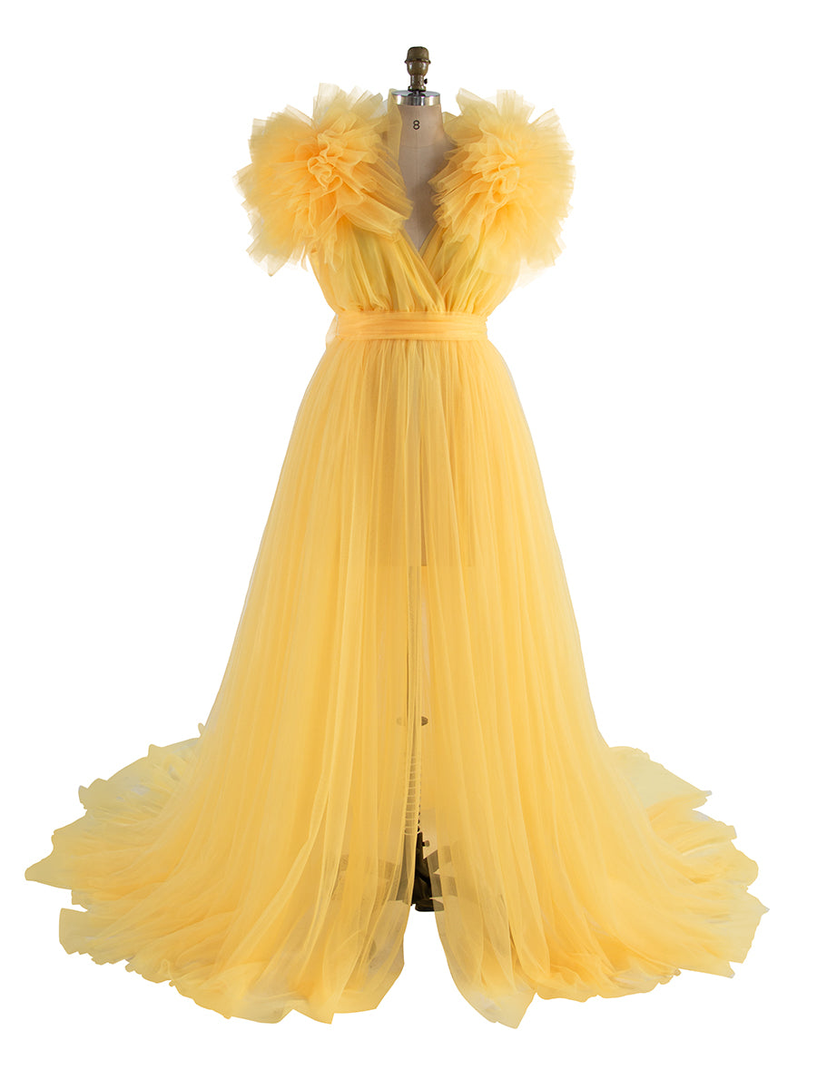 Double V Neck Maternity Dress for Photo Shoot Shoulder Ruffles Photography Maxi Gown Baby Shower Dress YD217051