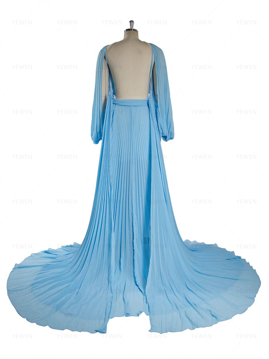 Flowing Pleated Blue Maternity Gown for Photoshoot Elegant Off Shoulder Pregnancy Dress with Long Train YW250071
