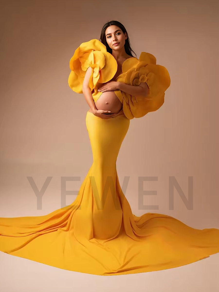 Stretchy Long Maternity Dress for Photoshoot with Handmade Flower Bicep Sleeves