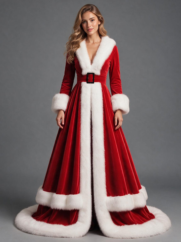 Red Velvet Deep V-Neck White Fur Trim Christmas Gown