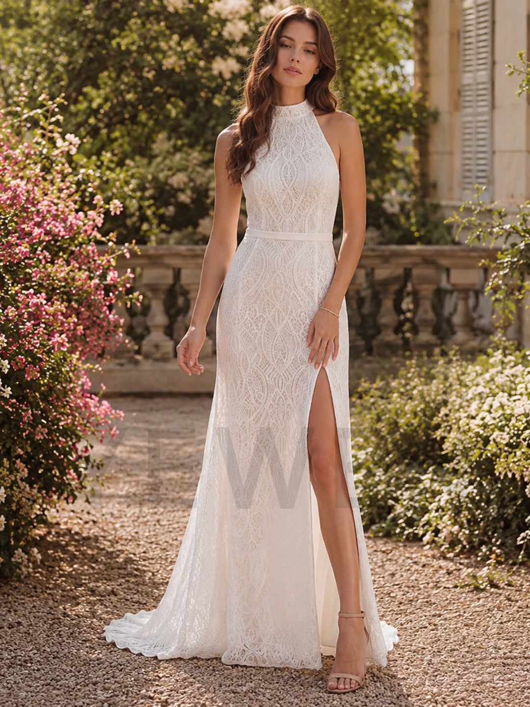 Ivory Halter High Neck Embroidered Lace Mermaid Wedding Dress