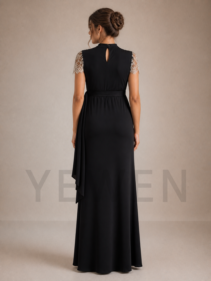 Black Maternity Baby Shower Dress Mock Neck Gown with Lace Split Skirt ZX007