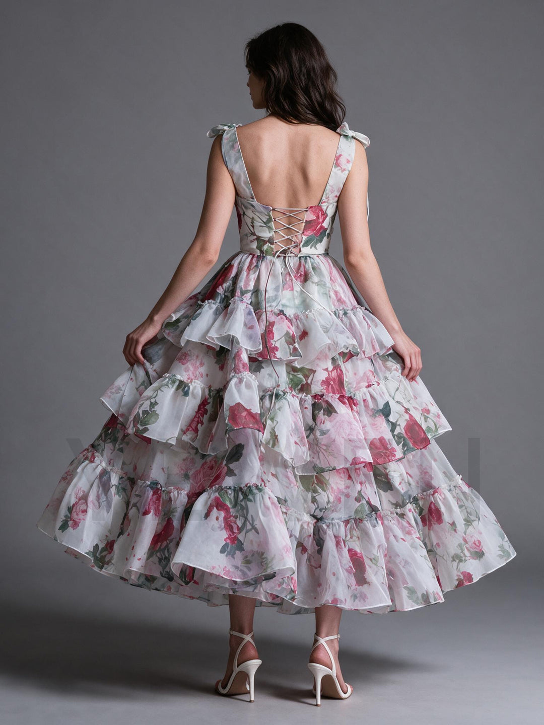 Watercolor Floral Tiered Ruffle Shoulder Tie Princess Dress YW2610164